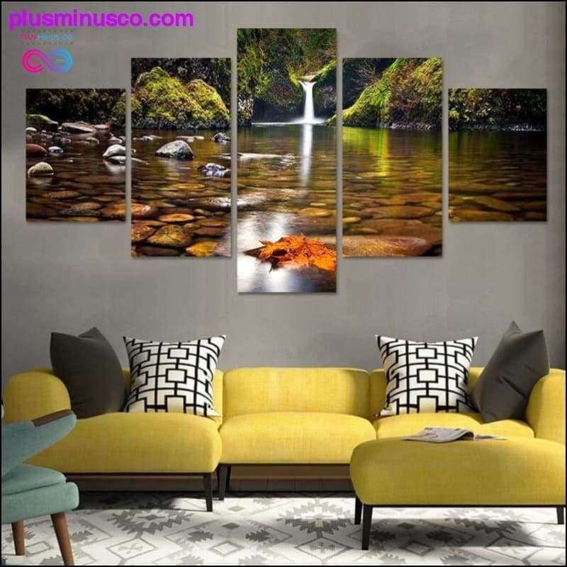 Framed 5 Pcs Landscape Painting: The Wall Waterfall Nature - plusminusco.com
