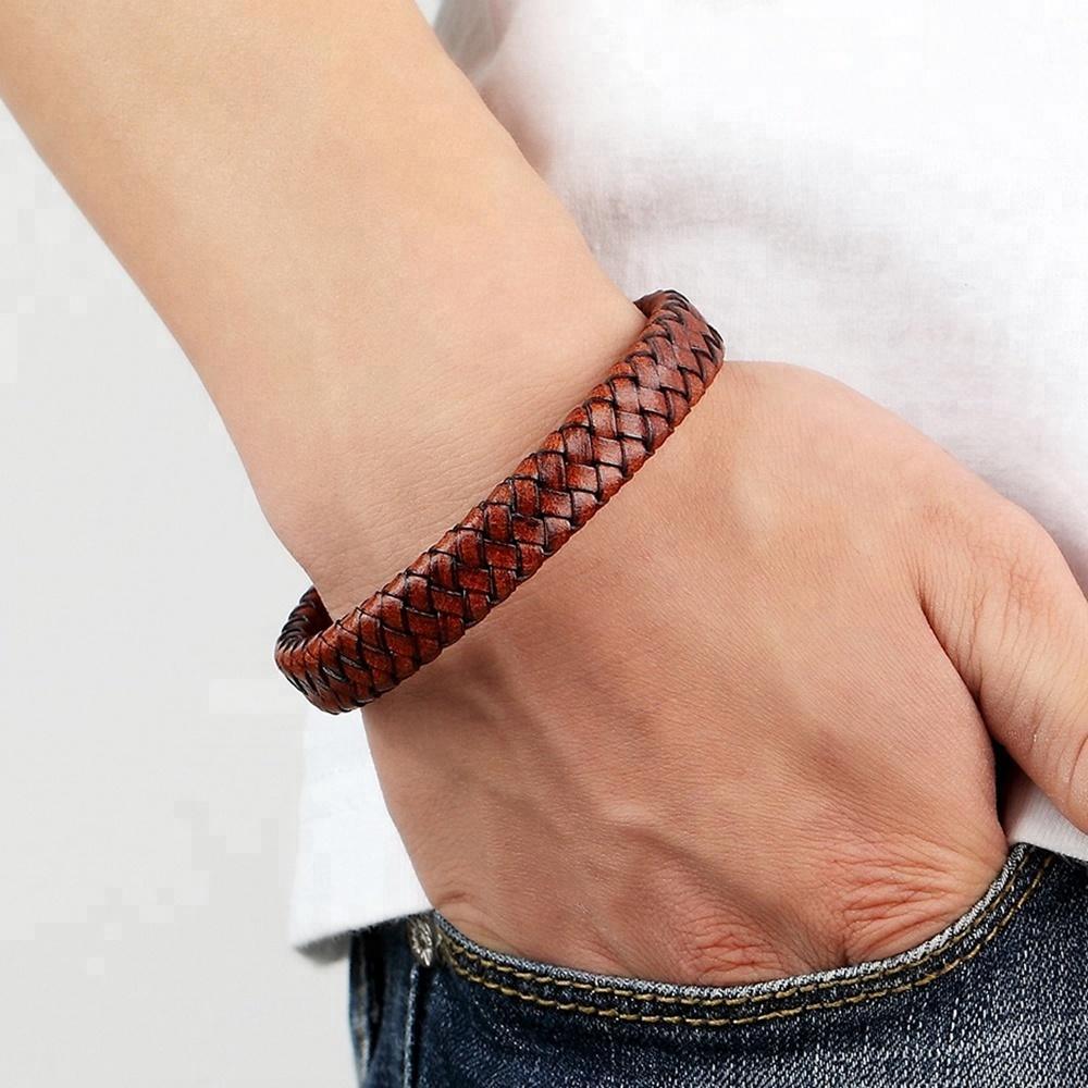 Genuine Leather Bracelet Stainless Steel Magnetic Clasp Men - plusminusco.com