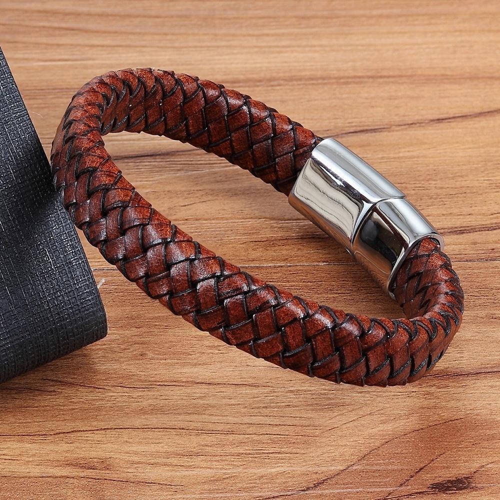 Genuine Leather Bracelet Stainless Steel Magnetic Clasp Men - plusminusco.com