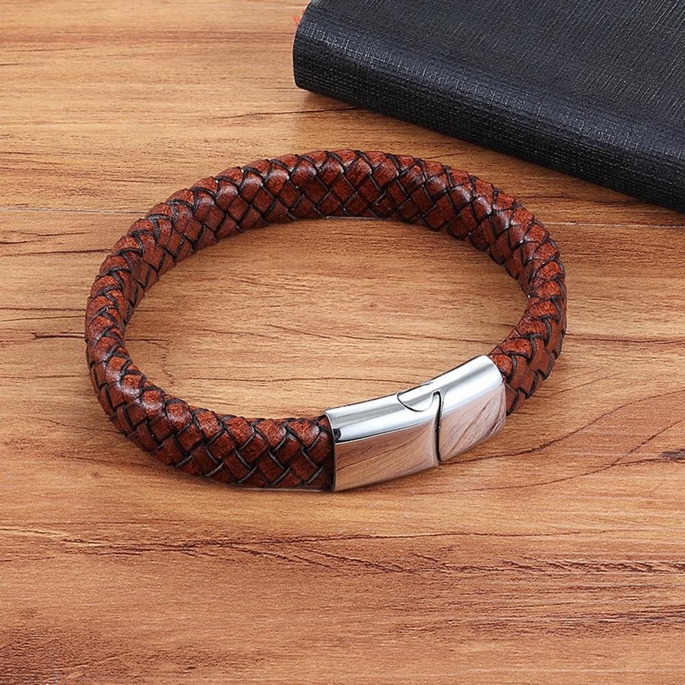 Genuine Leather Bracelet Stainless Steel Magnetic Clasp Men - plusminusco.com
