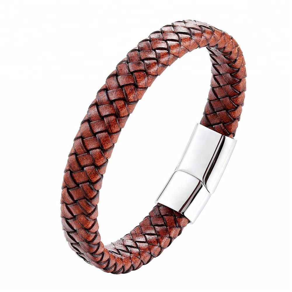 Genuine Leather Bracelet Stainless Steel Magnetic Clasp Men - plusminusco.com
