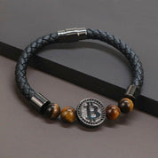 Gold Color Bitcoin Bracelet Natural Tiger Eye Stone Luxury Leather Bracelets For Men - plusminusco.com