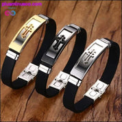 Gold Tone Cross Cuff Bracelet for Men Black Rubber Bracelets - plusminusco.com