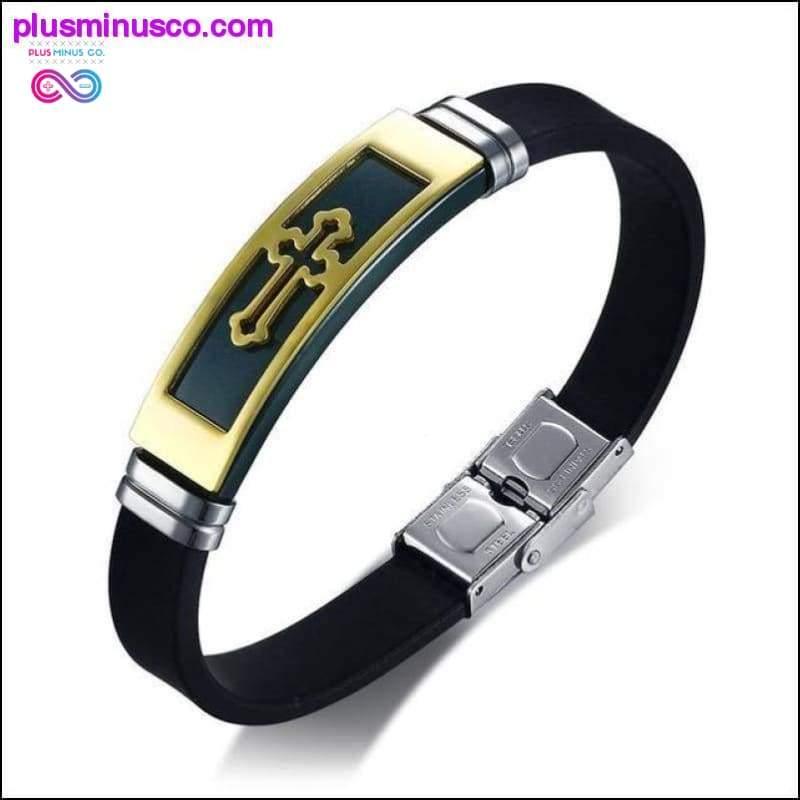Gold Tone Cross Cuff Bracelet for Men Black Rubber Bracelets - plusminusco.com
