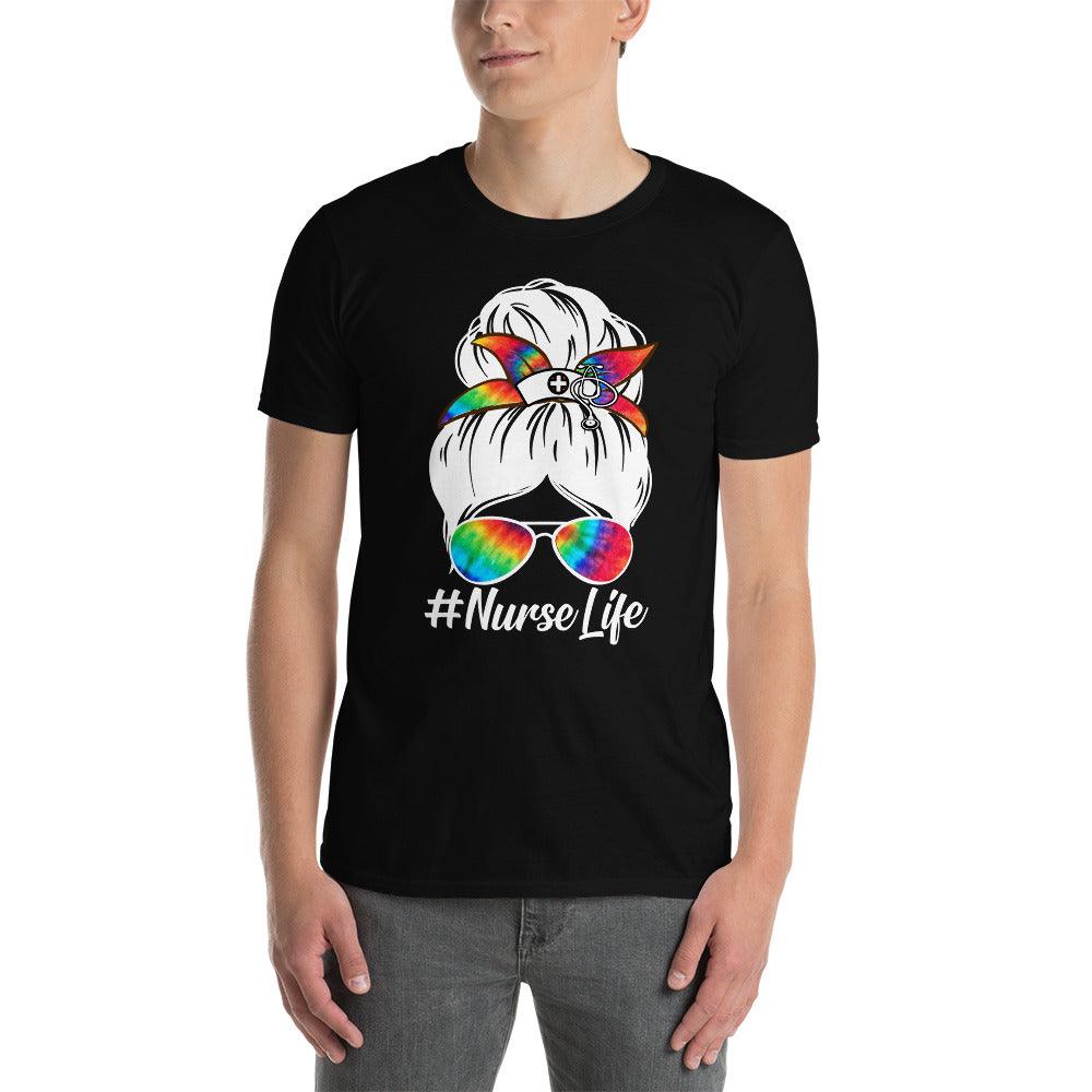 Grab This "Nurse Life Funny Messy Bun Hair colorful Glasses T-shirt - plusminusco.com