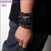 Handgebreide meerlaagse lederen armband met verenblad en - plusminusco.com