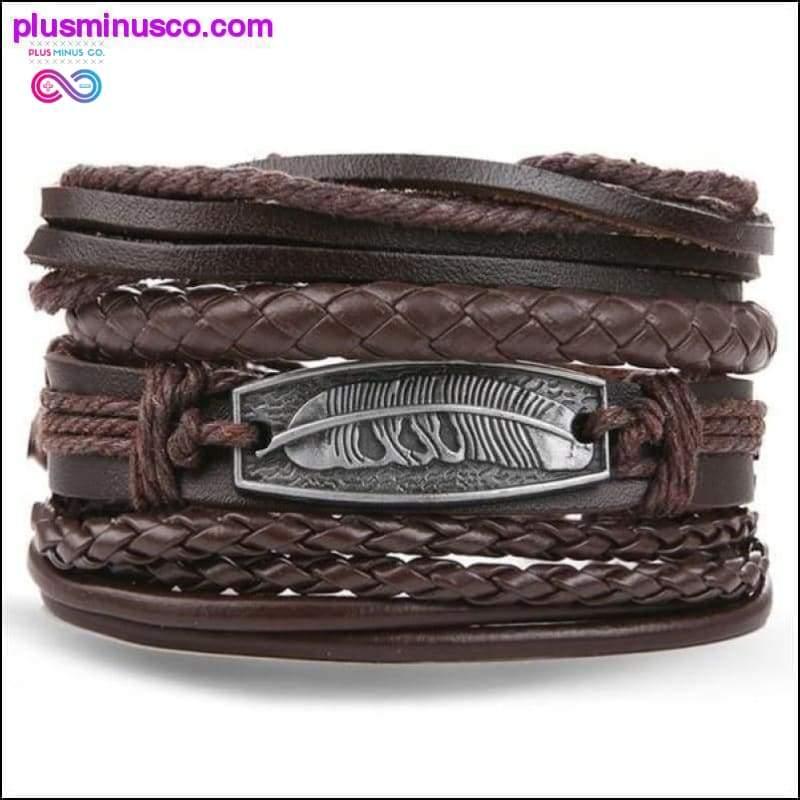 Многослойный кожаный браслет ручной вязки с перьями и листьями - plusminusco.com