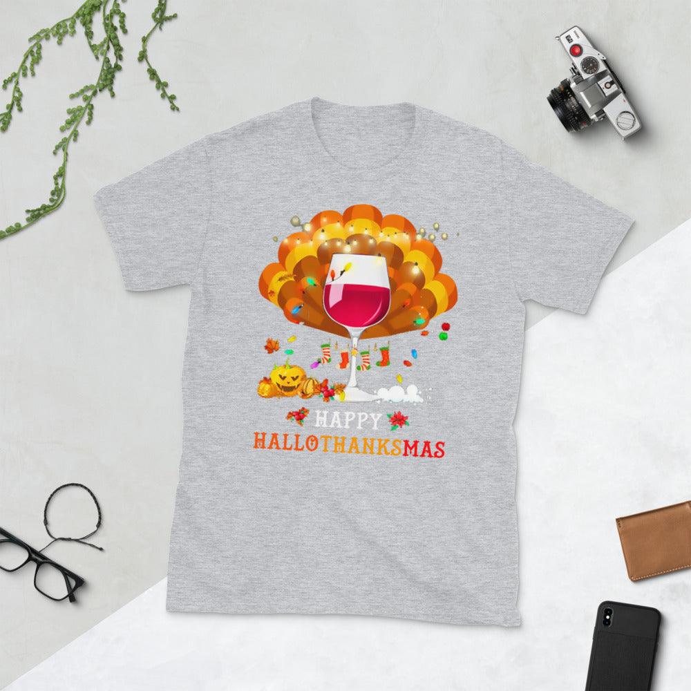 Happy Hallo Thanks Mas T-Shirt Funny Halloween Thanksgiving Christmas Alcohol Drinking Wine T-Shirt Short-Sleeve Unisex T-Shirt - plusminusco.com