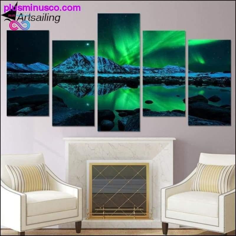 HD Print landscape painting 5 piece canvas art green Aurora - plusminusco.com