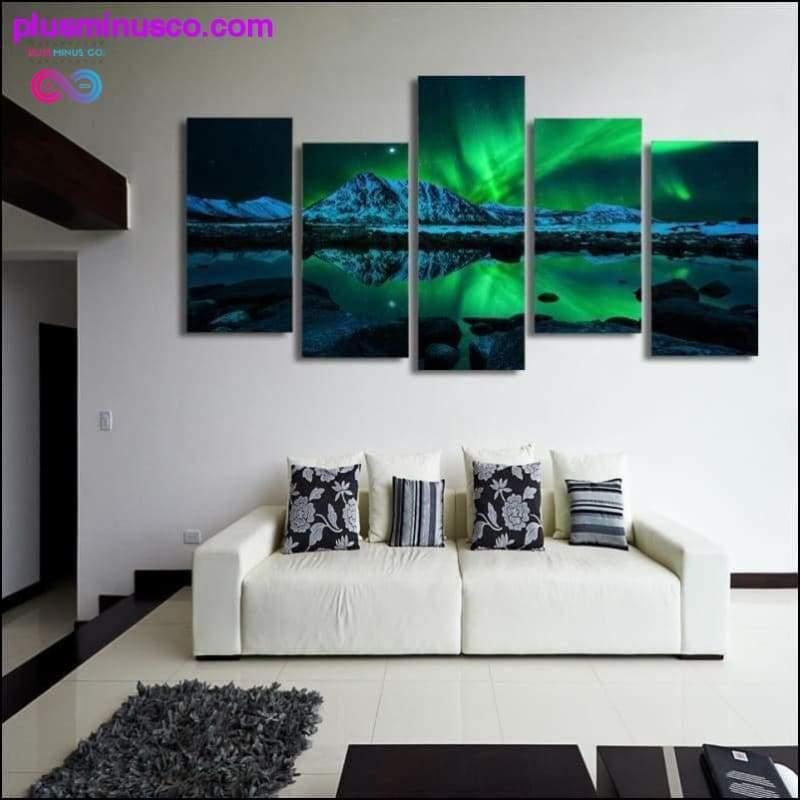 Pintura de paisaje con impresión HD, lienzo de 5 piezas, Aurora verde - plusminusco.com