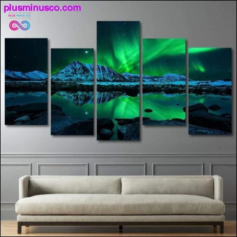 Pintura de paisaje con impresión HD, lienzo de 5 piezas, Aurora verde - plusminusco.com