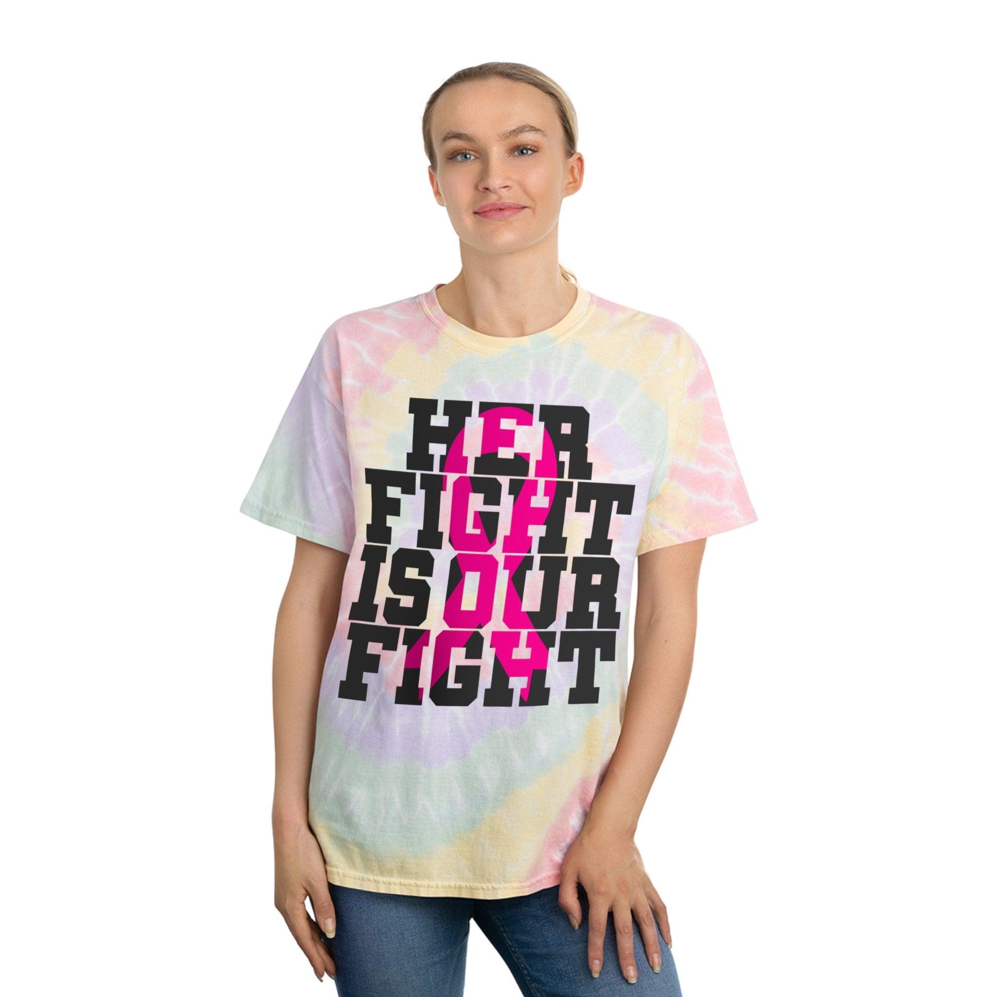 A luta dela é a nossa luta Camisa contra o câncer de mama, camisa de sobrevivente do câncer, conscientização sobre o câncer de mama, camiseta tie-dye com fita rosa, espiral - plusminusco.com