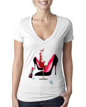 High Heel Shoes | Lipstick | Glass Wine | Diamonds ,Fashion High Heel Tee,Womans Red Gold Birthday Next Level  Deep V Bella Canvas Tee - plusminusco.com