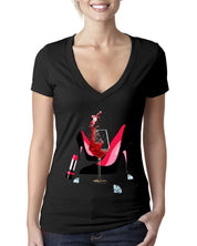 ハイヒールの靴 |口紅 |グラスワイン |ダイヤモンド、ファッションハイヒールTシャツ、レディースレッドゴールド誕生日ネクストレベルディープVベラキャンバスTシャツ - plusminusco.com