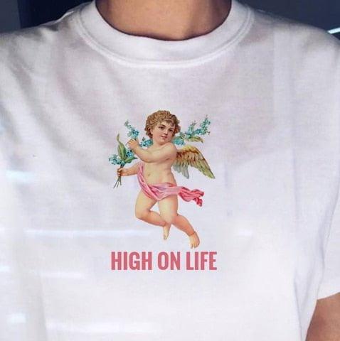 HIGH ON LIFE Angel Tshirt Ulzzang Tumblr Angel Printed White T Shirt Aesthetic Tumblr Graphic Tops Summer Short Sleeve Clothes - plusminusco.com