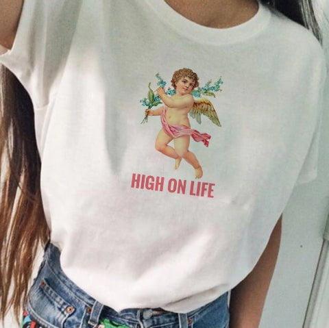 HIGH ON LIFE Angel Tshirt Ulzzang Tumblr Angel Printed White T Shirt Aesthetic Tumblr Graphic Tops Summer Short Sleeve Clothes - plusminusco.com