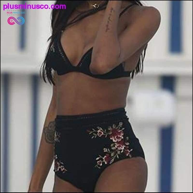 Sexy Bikini-Sets mit hoher Taille und Stickerei und Blumenmuster, hohl, Weiß – plusminusco.com