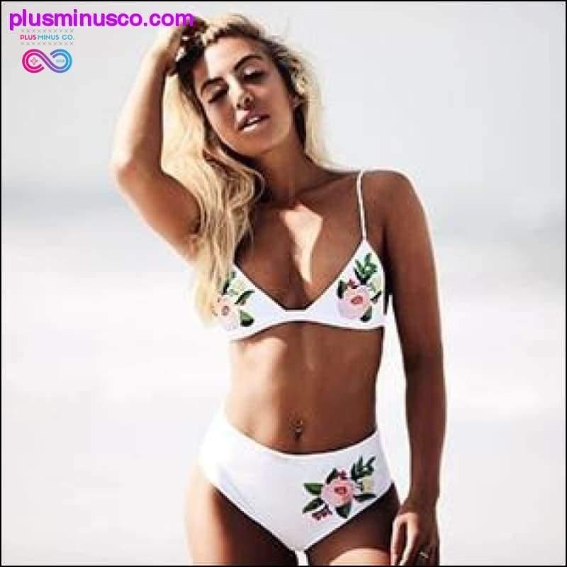 Sexy Bikini-Sets mit hoher Taille und Stickerei und Blumenmuster, hohl, Weiß – plusminusco.com