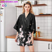 Halat de baie kimono din satin negru de vară pentru femei Mireasă - plusminusco.com