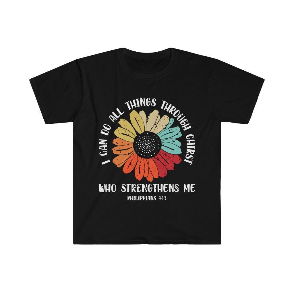 I can do all things through Christ who strengthens me, Philippians 4:13, Bible verse, Colorful Flower, Unisex Soft style T-Shirt - plusminusco.com