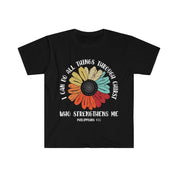 I can do all things through Christ who strengthens me, Philippians 4:13, Bible verse, Colorful Flower, Unisex Soft style T-Shirt Cotton, Crew neck, DTG, Men's Clothing, Regular fit, T-shirts, Women's Clothing - plusminusco.com