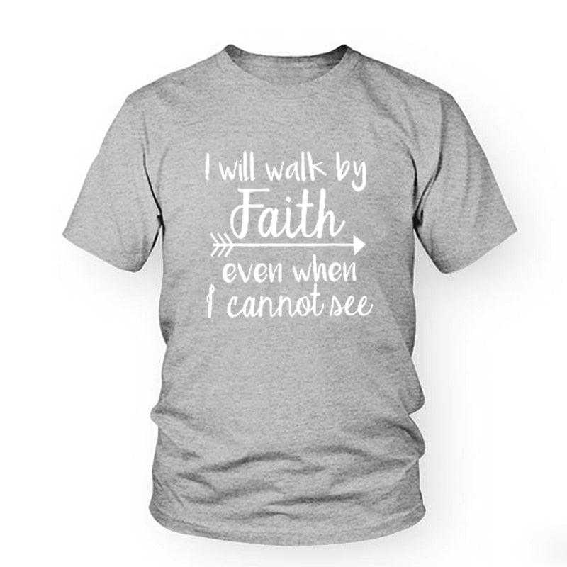 T-Shirt Kadın Moda Giysileri tişörtü Crewneck üst tee Hıristiyan Kutsal Yazıları tişörtünü göremediğimde bile İnançla Yürüyeceğim - plusminusco.com