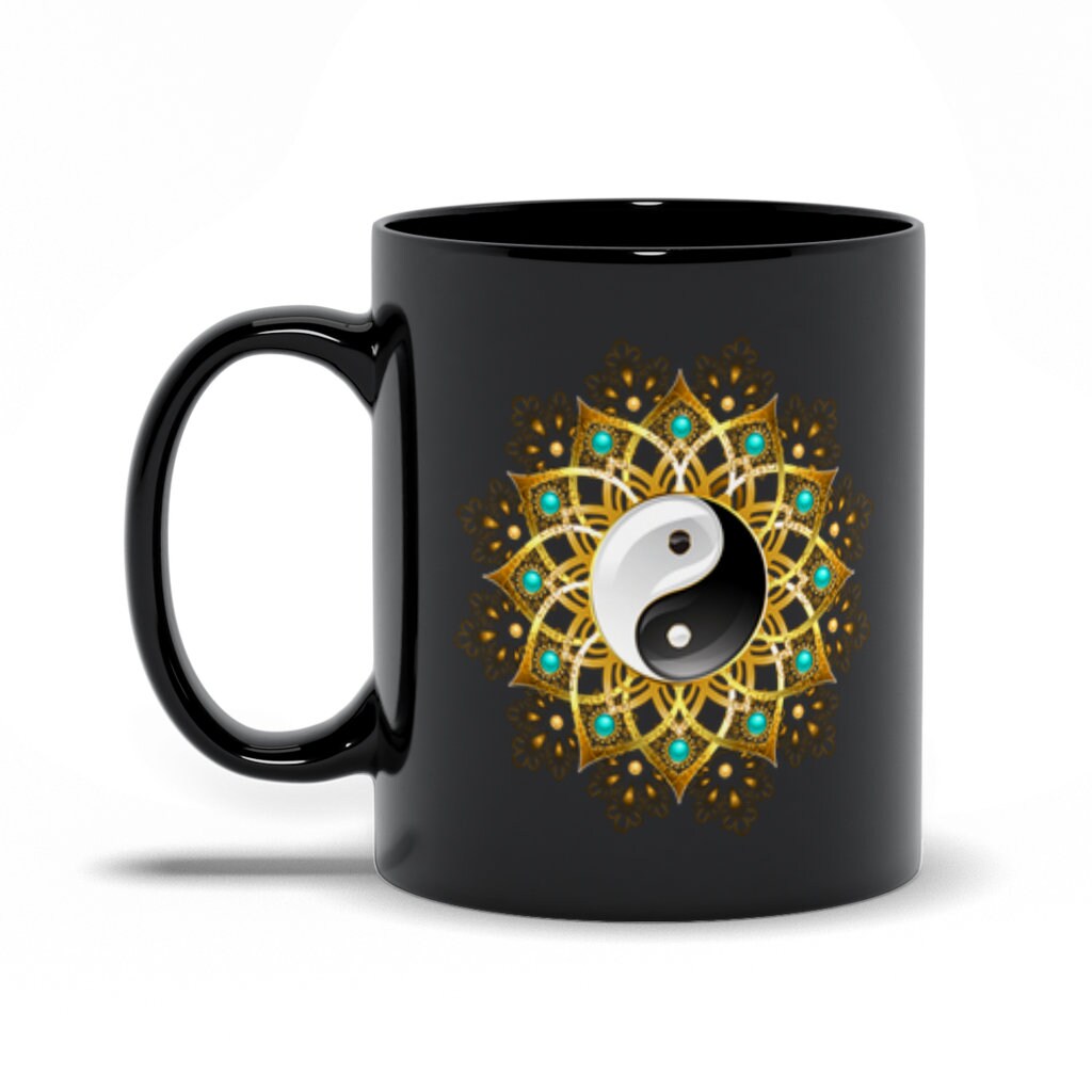 Yin Yang Mandala Crne šalice, Simbol Yin Yanga, Plemenska umjetnost mandale, Harmonija, Meditacija, Traženje ravnoteže, Poklon za nju, Poklon za njega - plusminusco.com