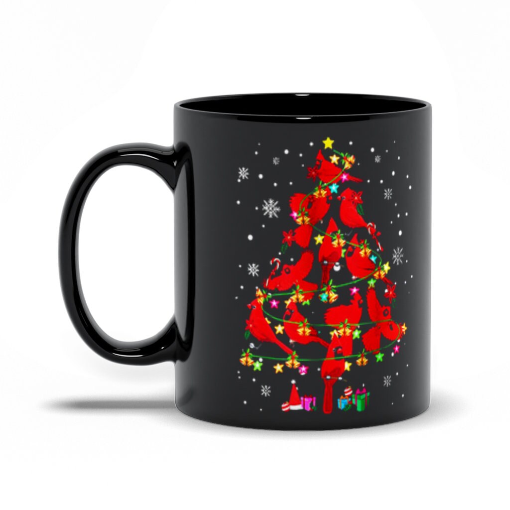 Tazas negras con árbol de Navidad de pájaro cardenal, taza de café con pájaros cardenales rojos, taza de té, taza navideña - plusminusco.com