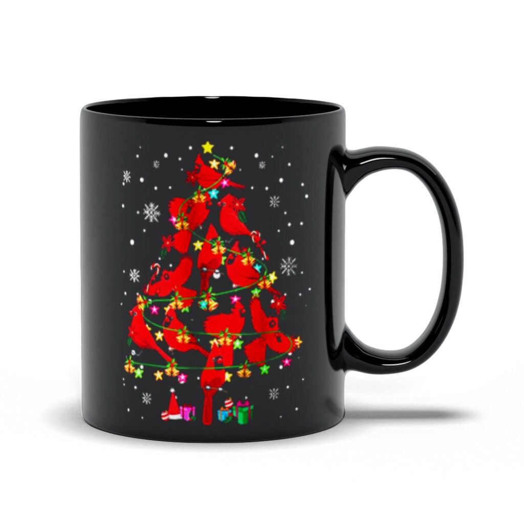 Cardinal Bird Christmas Tree Black Mugs, Red Cardinal Birds Coffee Mug Tea Cup, Christmas Holiday Mug - plusminusco.com