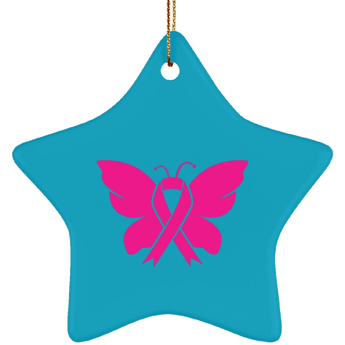 Ornement étoile en céramique de sensibilisation au cancer du sein, en octobre, nous portons du rose, conception par sublimation, papillon de sensibilisation au cancer du sein, papillon rose - plusminusco.com