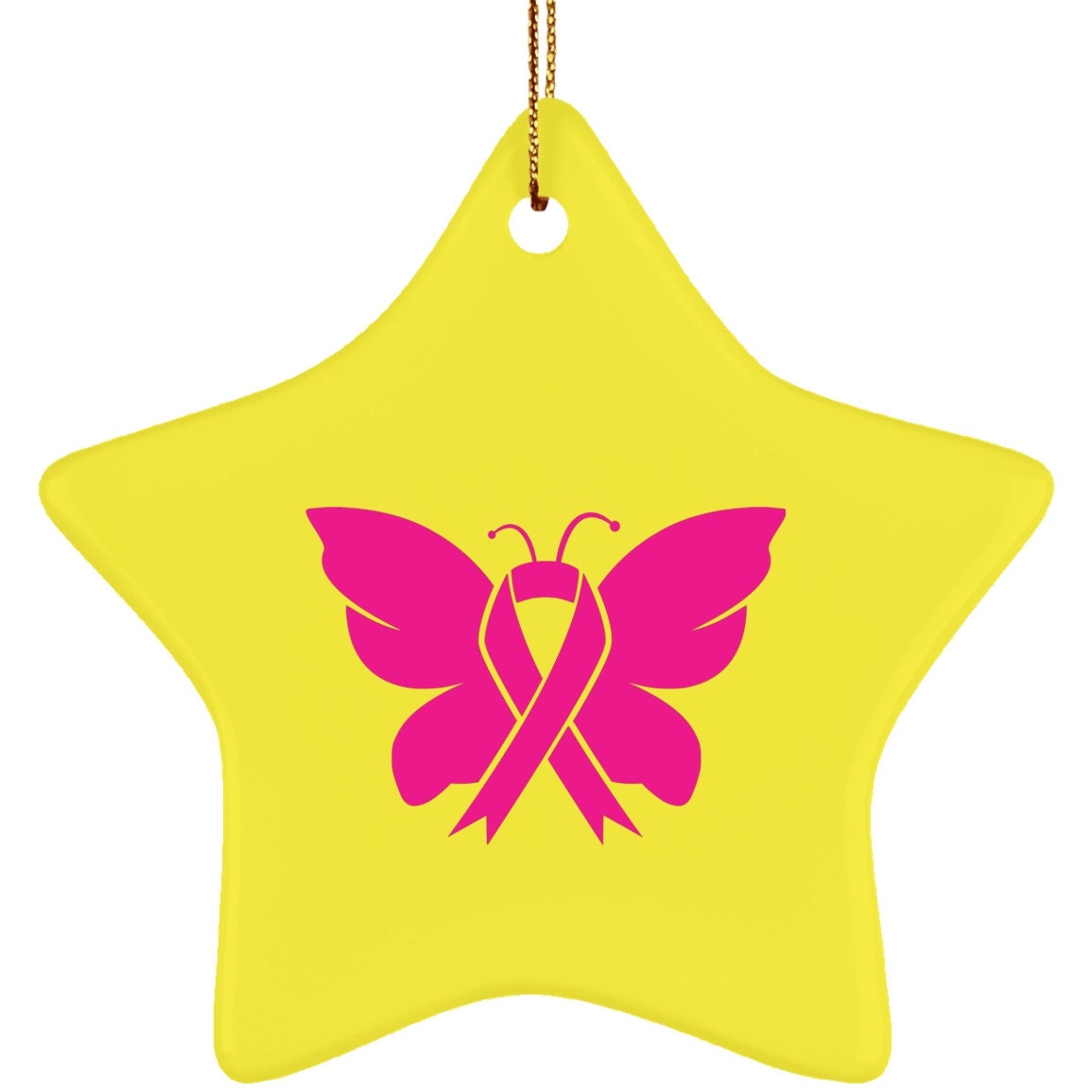 Keramický hviezdny ornament na boj proti rakovine prsníka, v októbri nosíme ružovú, sublimačný dizajn, motýľ Povedomie o rakovine prsníka, ružový motýľ - plusminusco.com