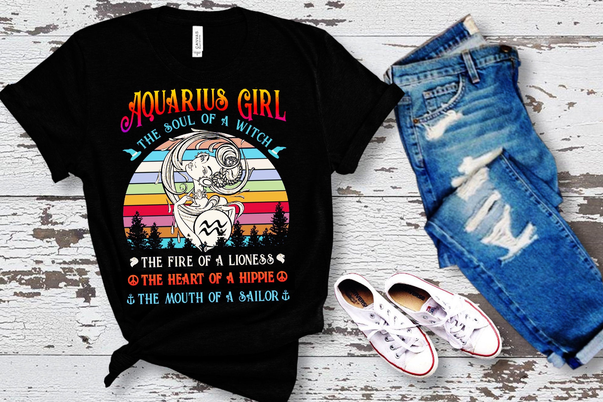 Aquarius Girl The Soul Of A Witch Félelmetes pólók, az oroszlán tüze, a hippi szíve, egy tengerész szája - plusminusco.com