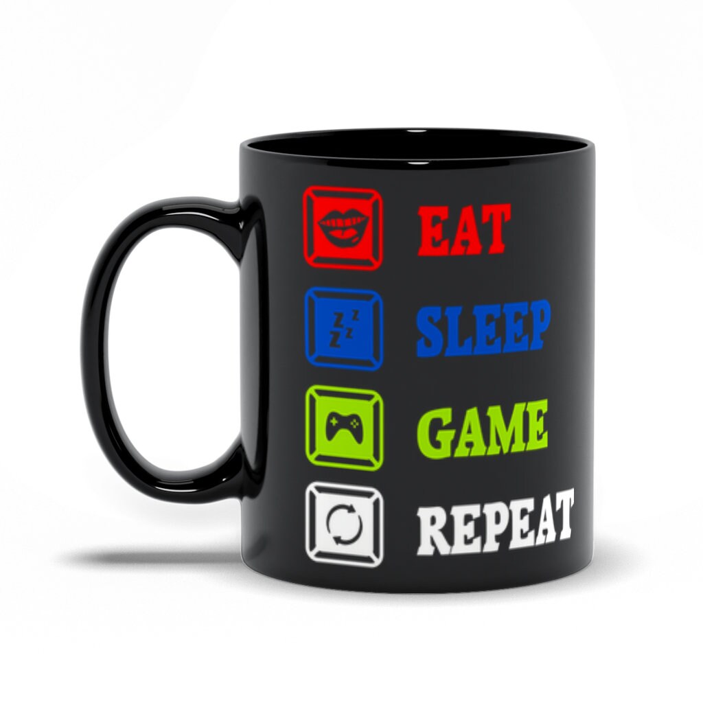 Eat Sleep Game Repeat Black Mugs, Male Female Gamer Mug, Funny Gaming Meme Mug, Funny Gamer Mug Idea for Him Boyfriend Husband - plusminusco.com
