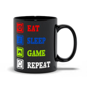 Tazas negras con repetición de juego Eat Sleep, taza de jugadora masculina y femenina, taza divertida con meme de juegos, idea divertida de taza de jugador para él, novio y marido - plusminusco.com