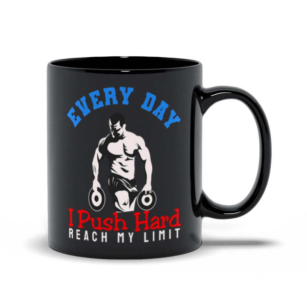 Chaque jour, je pousse fort pour atteindre mes limites Tasses noires, haltérophilie pour hommes, t-shirt athlétique, entraînement de gym, sports de fitness - plusminusco.com