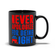 Never Apologize For Being Right Black Mugs - plusminusco.com
