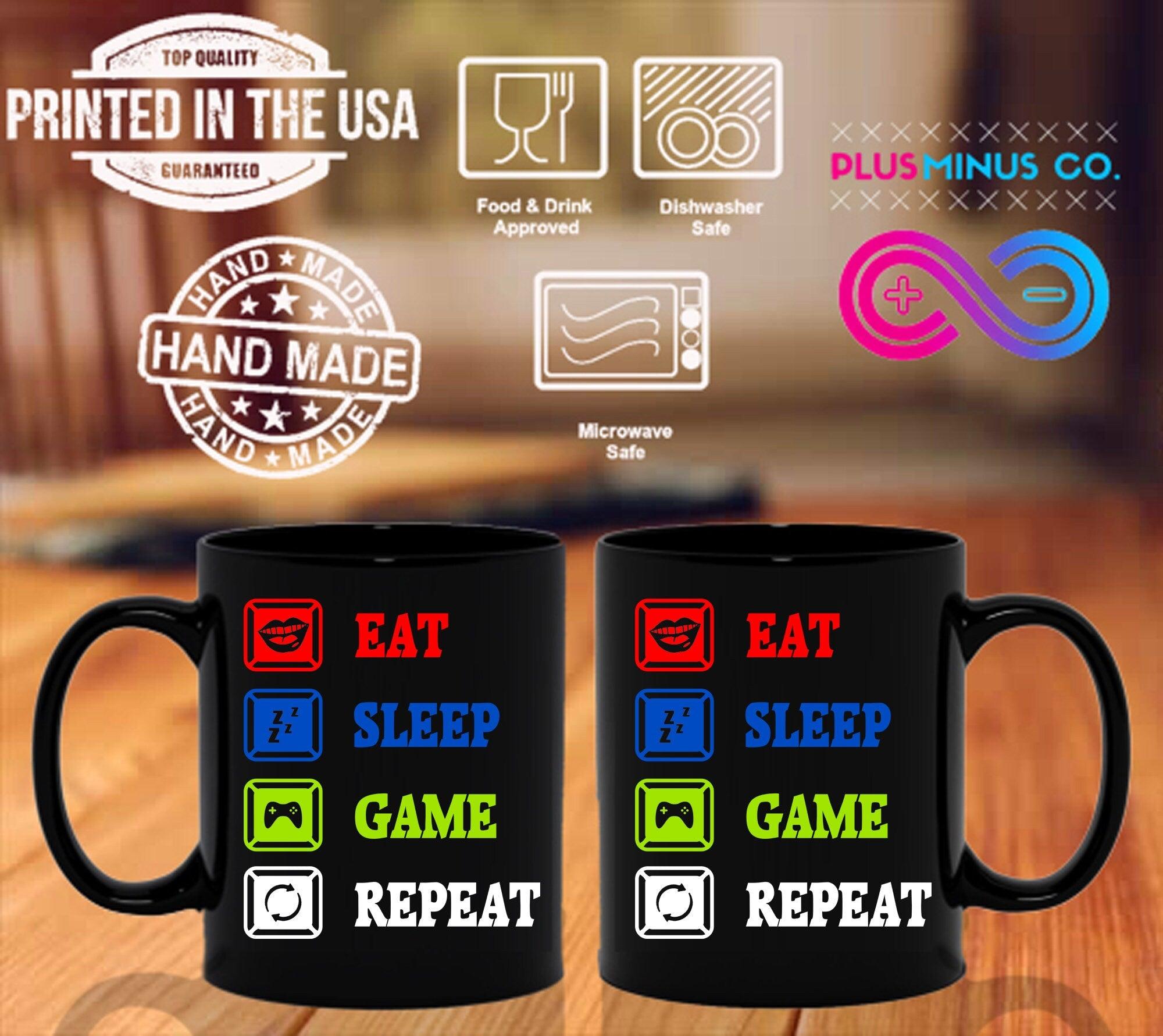 Eat Sleep Game Repeat Black Mugs, Male Female Gamer Mug, Funny Gaming Meme Mug, Funny Gamer Mug Idea for Him Boyfriend Husband Best funny gift, Born to be gamer, Eat Sleep Game, Funny Cool, Gamer Gift, Gamer Tee Gift, Gaming Present, Gift for Him, Perfect video games, Plusminusco, video game fan tee, Video Game Mug, Video Games Tee - plusminusco.com