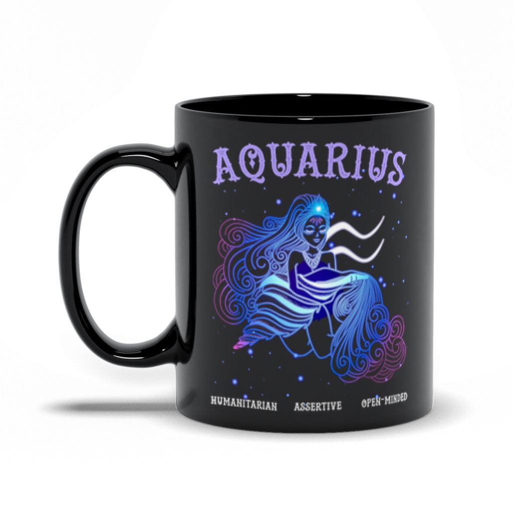 Aquarius 人道主義的で積極的でオープンマインドなブラックマグカップ、星座アートギフト、星座水瓶座、水瓶座へのギフト、水瓶座の誕生日、水瓶座 - plusminusco.com