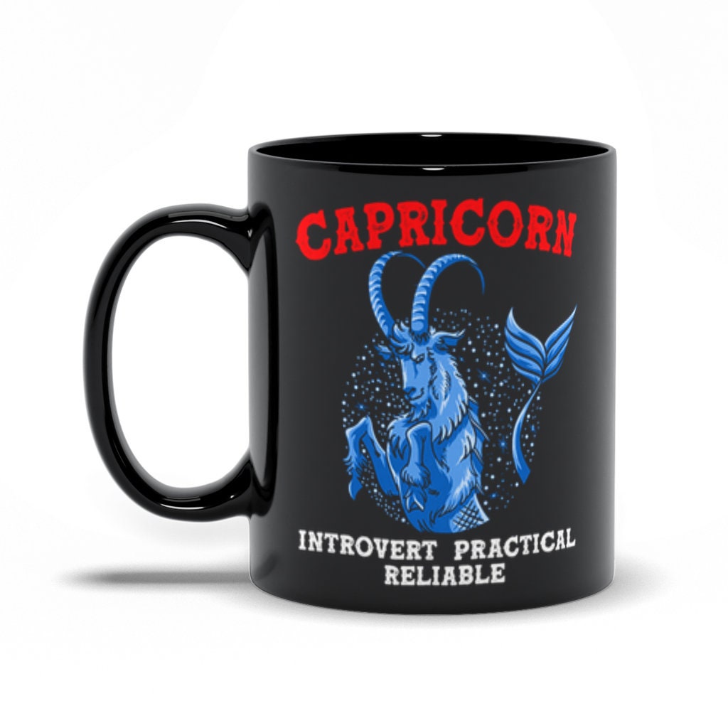 Capricorn Qualities  Introvert, Practical, Reliable Black Mugs, Capricon Zodiac design Mug, Capricon Gift ideas, December Born, January Born - plusminusco.com
