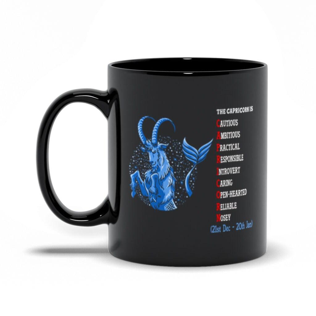 The Capricorn, Capricorn Is Cautious, Ambitious, Practical, Responsible, Introvert, Caring, Open-Hearted, Reliable, And Nosey Black Mugs Ambitious, Caring, December Born, Introvert, Open-Hearted, Practical, Reliable, Responsible, The Capricorn - plusminusco.com