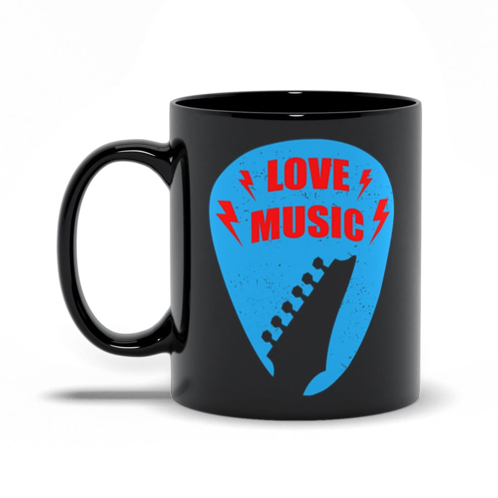 Love Music Black Mugs, tónlistarunnandi, gítarleikari, gítar, rafmagnsgítarleikari, rafmagnsgítar, tónlistarkennari, gjöf fyrir tónlistarmenn, kaffibolli - plusminusco.com