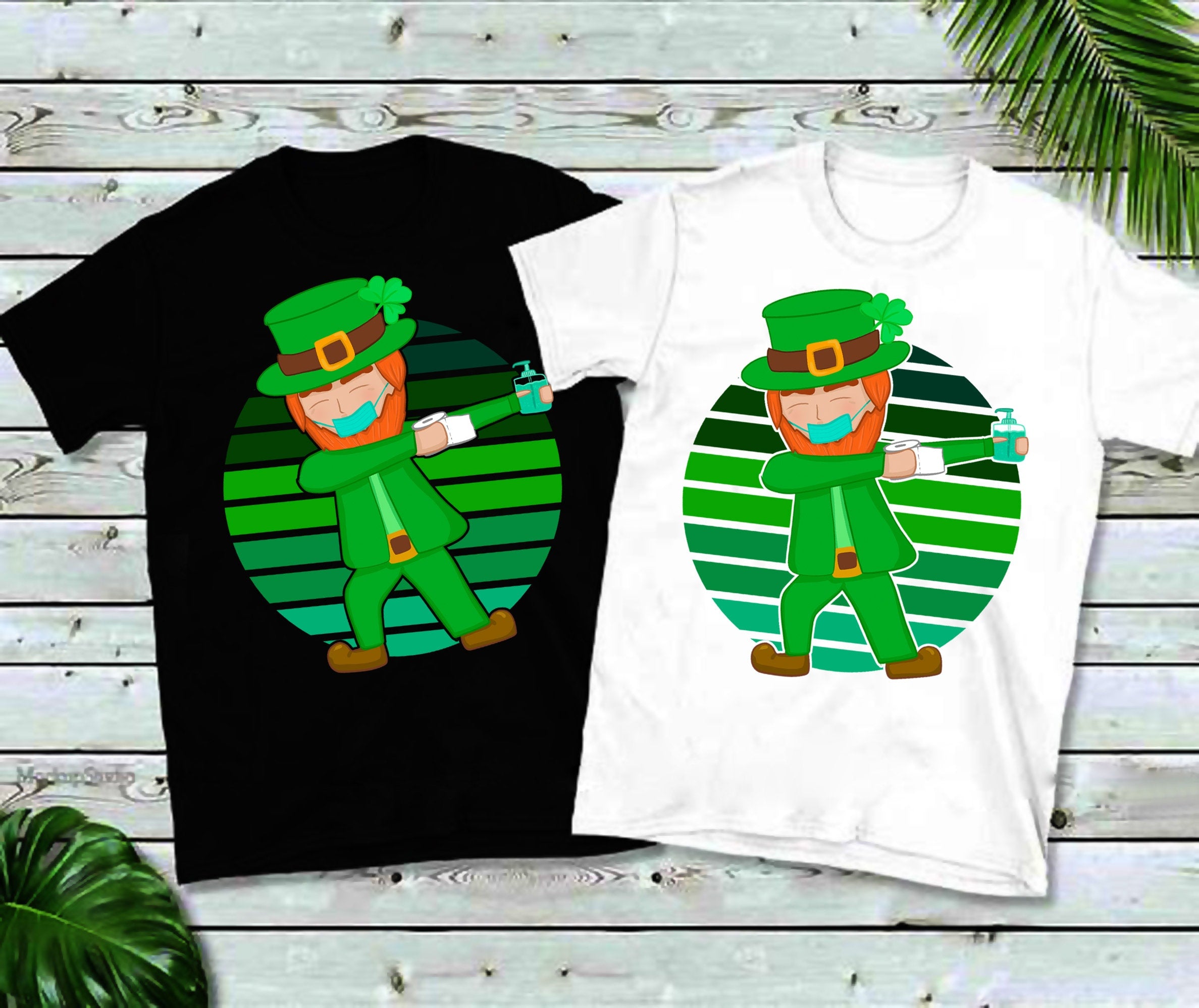 Зеленые футболки с изображением Лепрекона в маске и Днем Святого Патрика в стиле ретро с закатом - plusminusco.com