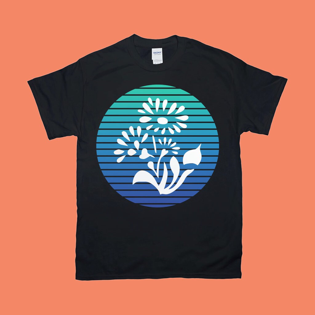 Flor Azul | Camisetas retrô Sunset, camiseta botânica, camisa de flores, camiseta vintage, camisa de planta, camiseta botânica, camiseta botânica - plusminusco.com