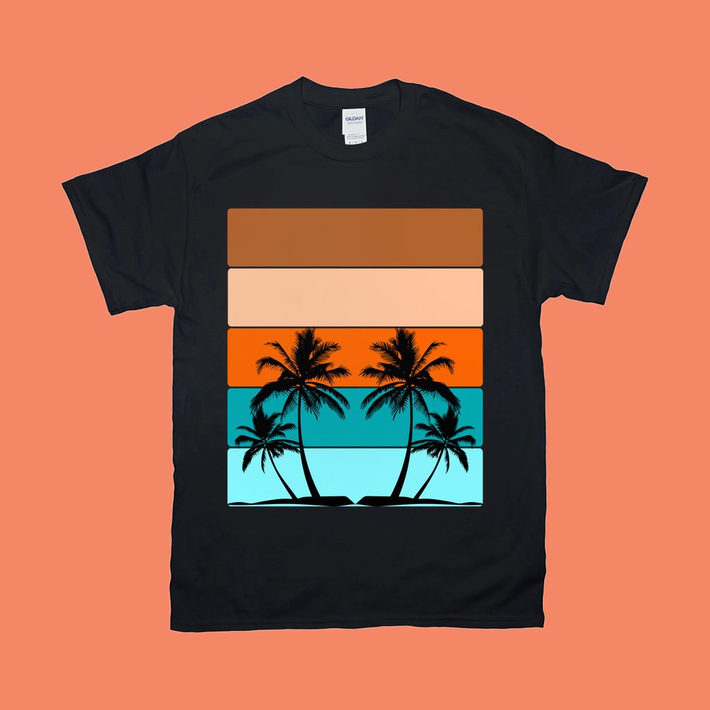 Palmiye Ağaçları Yatay Çizgiler | Retro Gün Batımı Tişörtleri - plusminusco.com