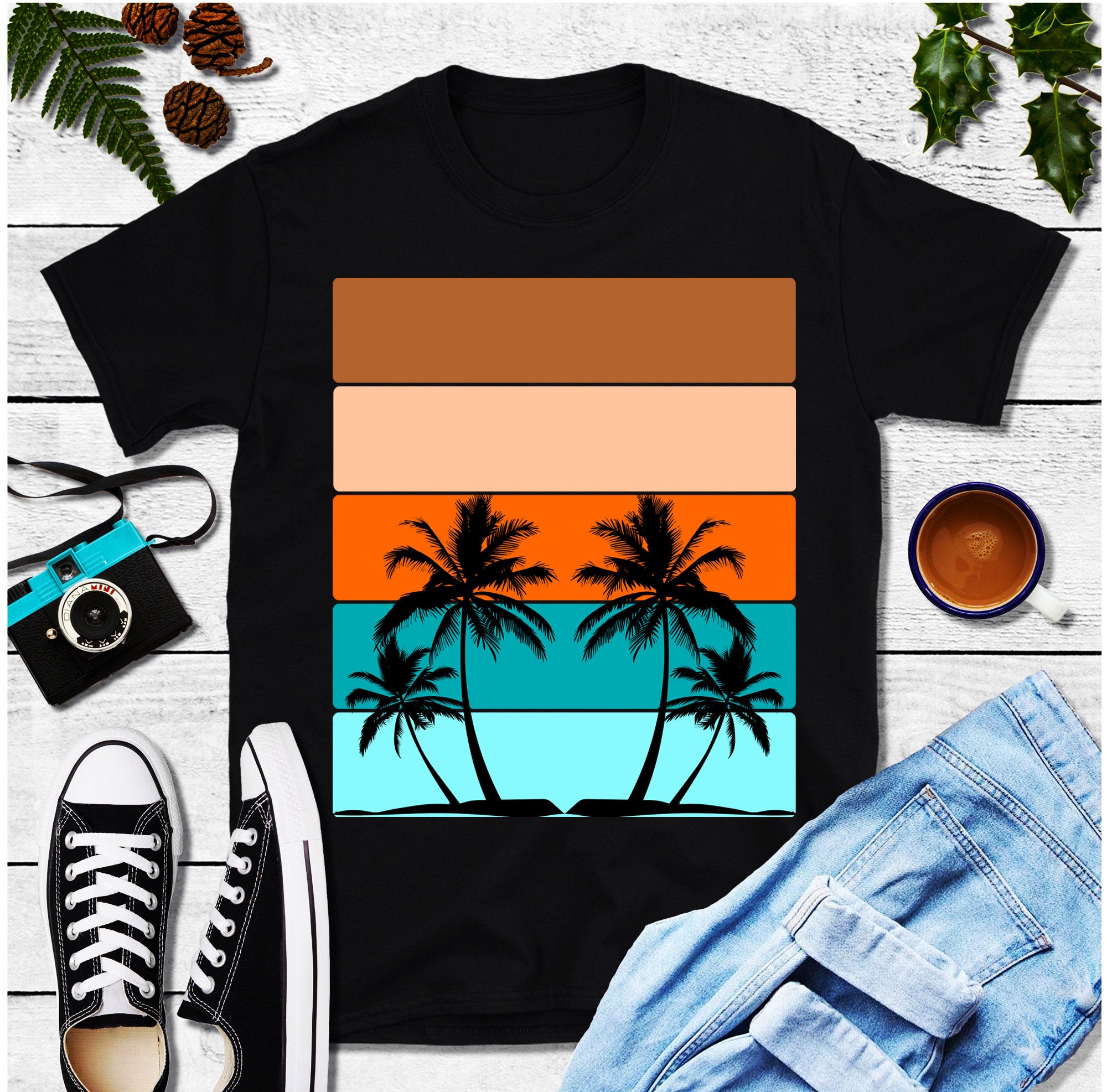 Palmės Horizontalios juostelės | Retro saulėlydžio marškinėliai – plusminusco.com