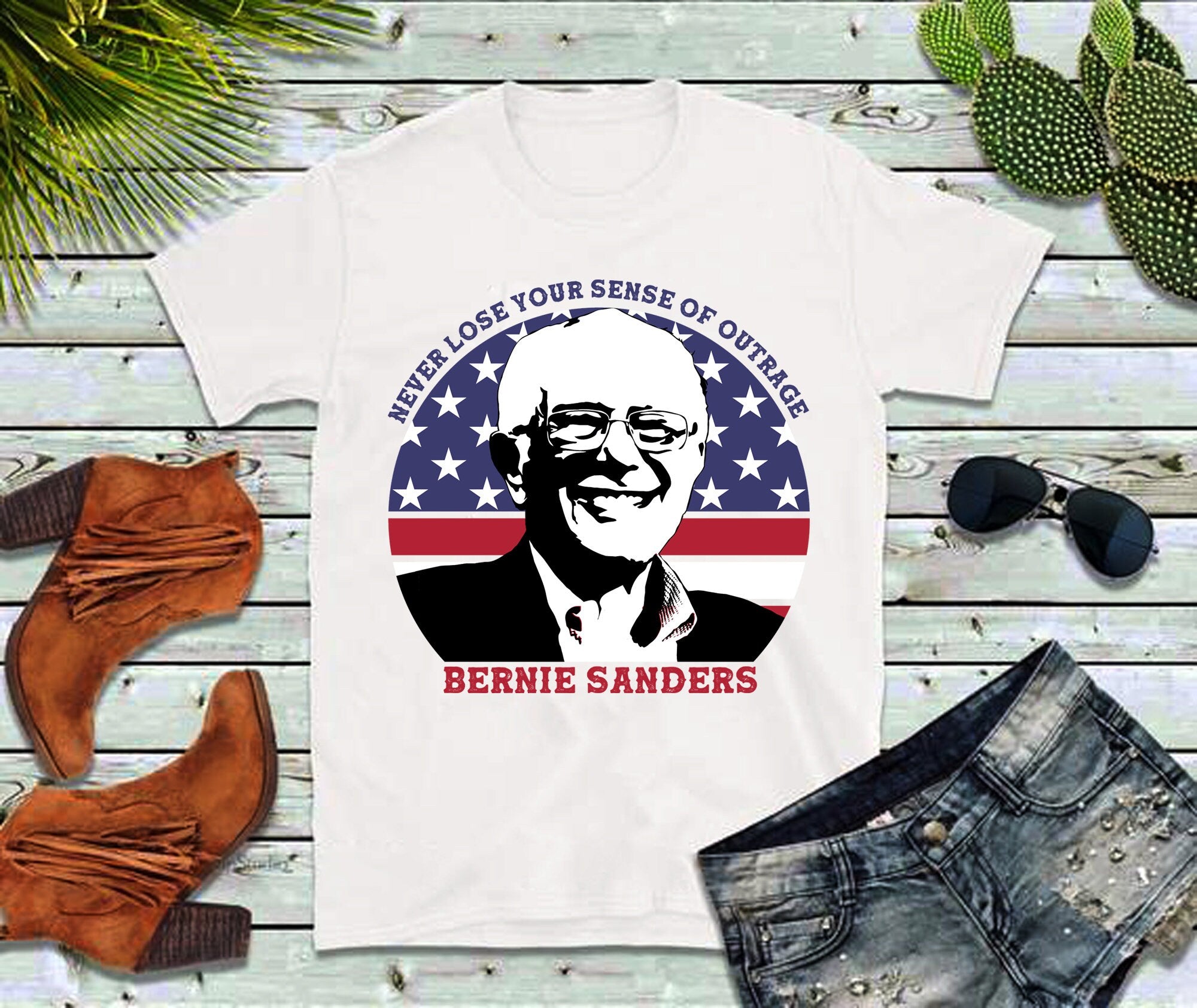 Never Lose Your Sense Of Outrage | Bernie Sanders | Circle American Flag T-Shirts - plusminusco.com