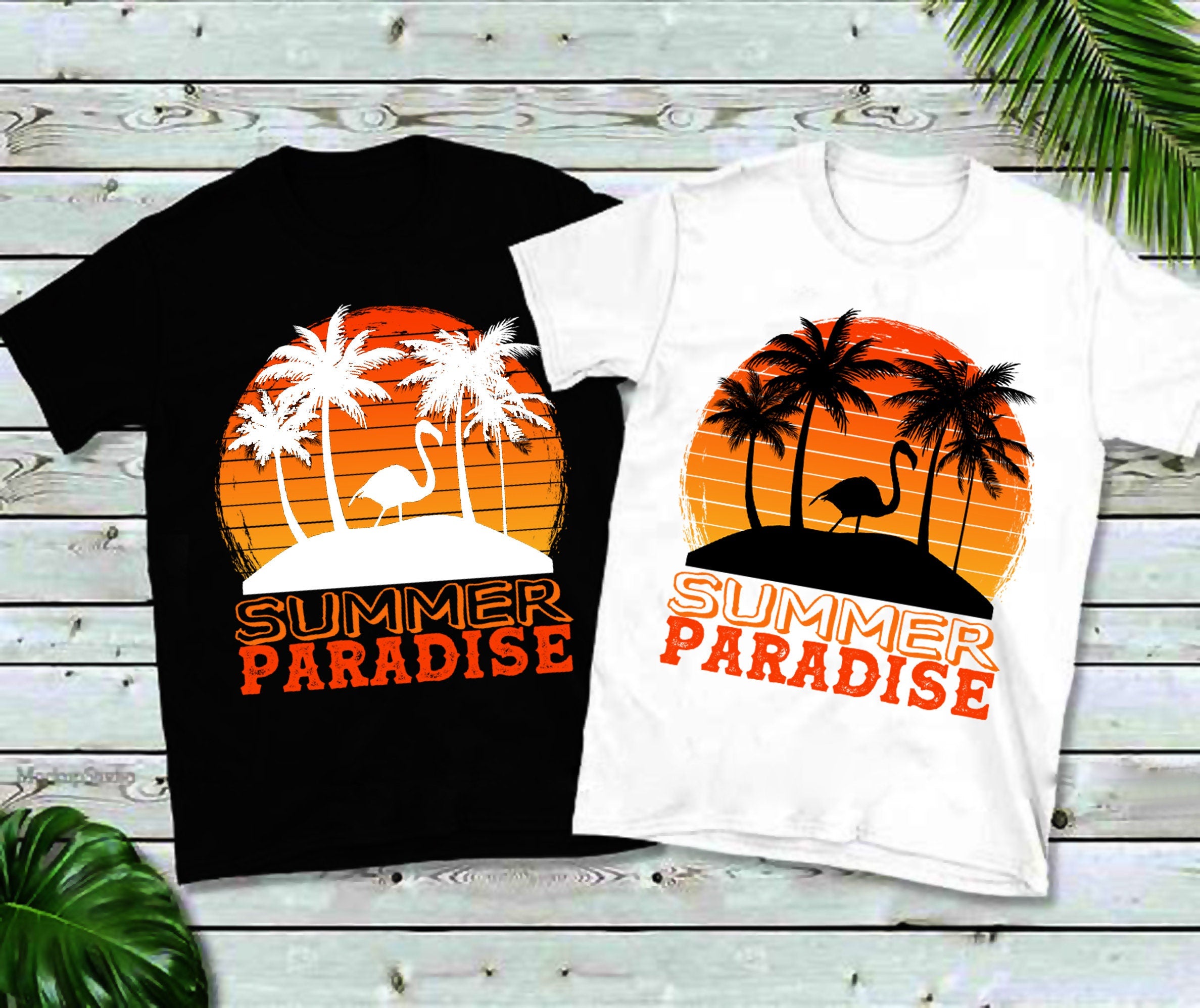 Fenicottero di palme da spiaggia | Paradiso estivo | Magliette retrò al tramonto, maglietta Vita sull'isola | Camicia estiva | Camicia per le vacanze - plusminusco.com