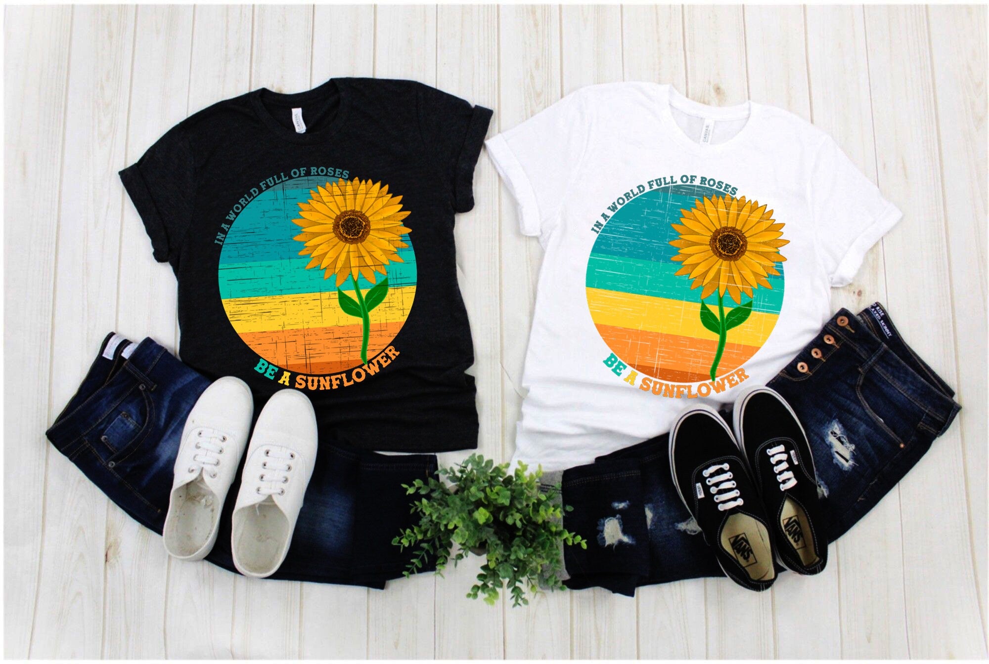 In A World Full Of Roses Be A Sunflower, Distressed T-Shirts, Sunflower Shirt, Flower Shirt, Inspirational Shirt, Nature Lover Shirt - plusminusco.com