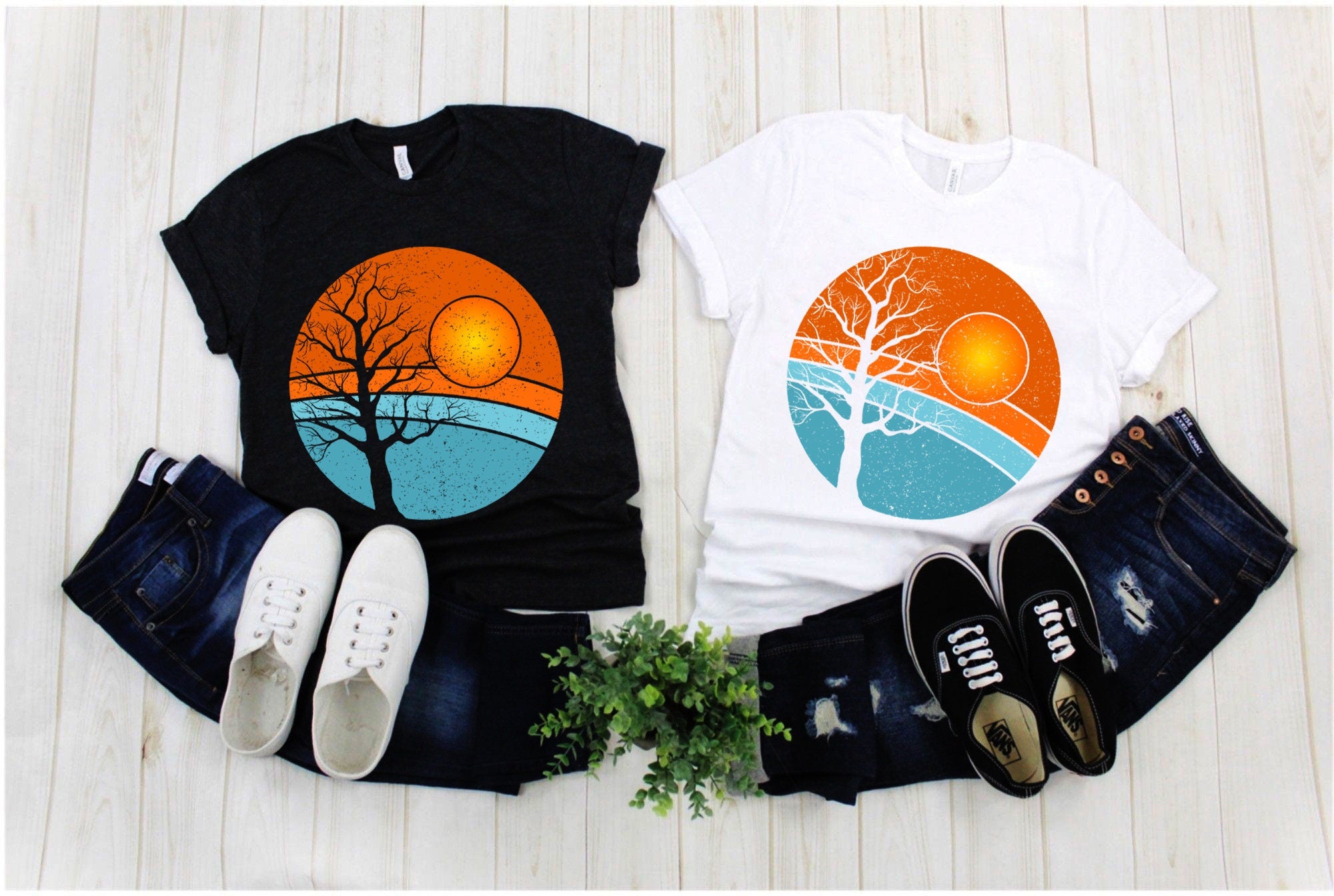 Puu | Retro Sunset T-paidat, Retro Tree Shirt | Travel Adventure Tree -paita | Silhouettes paita | Surffaaja | Lahja Hänelle | Lahja hänelle - plusminusco.com
