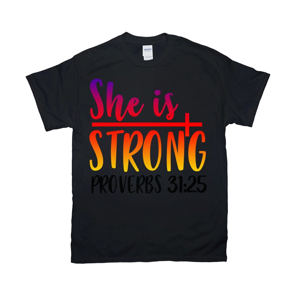 Ji yra stiprūs marškiniai, ji stipri, patarlės, krikščioniški marškiniai, krikščioniški marškinėliai, Jėzaus marškinėliai, šventojo rašto marškiniai, mergaitės galia, stiprios moterys - plusminusco.com